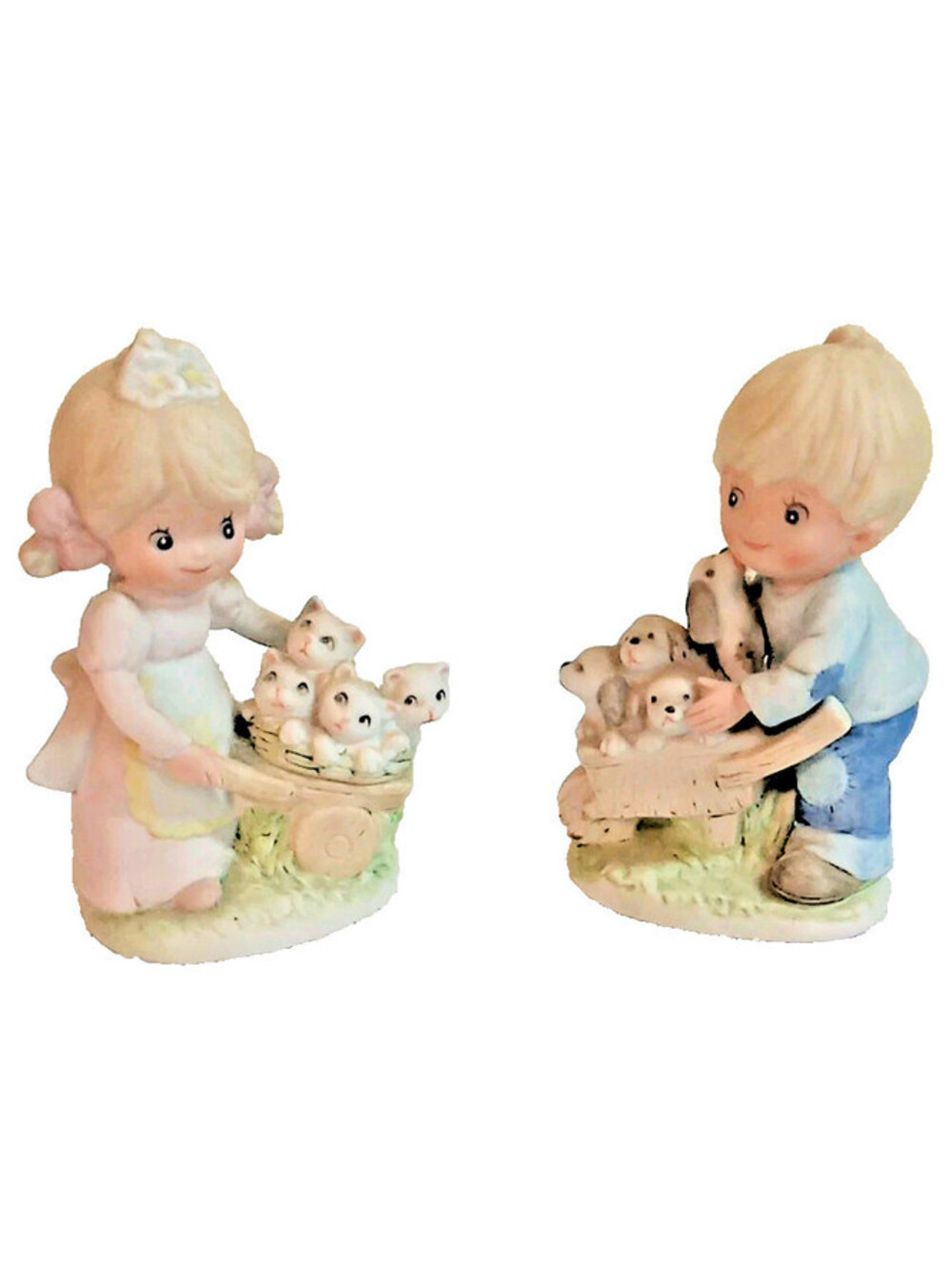 HOMCO 1402 Vintage Ceramic Girl and Kittens Boy and Puppies Figurines Set